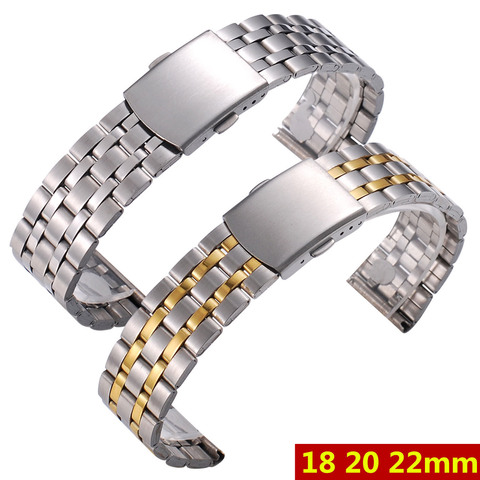 Correa de reloj plata y oro para hombre y mujer, pulsera de acero inoxidable con cierre de despliegues, accesorios de 18mm, 20mm y 22mm ► Foto 1/6