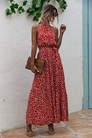 Vestido largo de algodón con estampado de flores y lunares para verano, con estampado de traje Sexy moda para mujer, Correa con puntos, cuello Halter, 2022 ► Foto 1/6