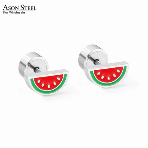 ASONSTEEL-pendientes de acero inoxidable con forma de sandía para niña y mujer, aretes pequeños de dibujos animados, Color plateado ► Foto 1/5