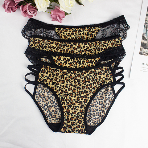 Medias de leopardo para mujer impresión Sexy ropa interior de encaje las mujeres ropa interior medio bajo la cintura de una sola pieza de las mujeres bragas de lencería Sexy ► Foto 1/6