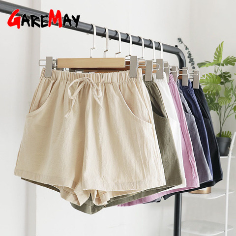 Pantalones cortos de lino y algodón para mujer, Shorts informales de cintura alta para el hogar, ropa de calle, color beige, novedad de verano de 2022 ► Foto 1/6