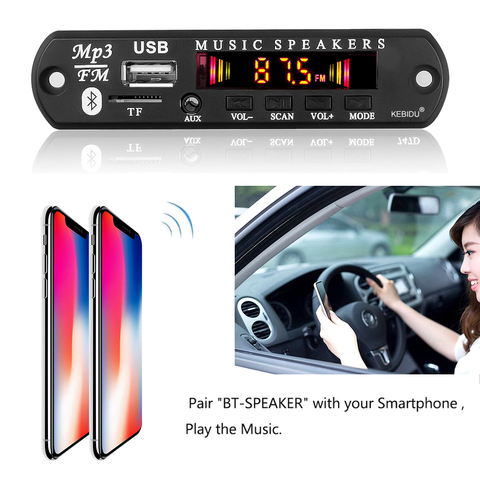 Kebidu Bluetooth 5,0 MP3 Módulo de decodificación DC 5V 12V MP3 jugador tarjeta SD/TF/USB/Radio FM Módulo de decodificación para Kit de coche ► Foto 1/6