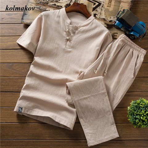 Camisa + Pantalones para hombre, camisas de algodón y lino de estilo veraniego, informales, a la moda, M-5XL ► Foto 1/6