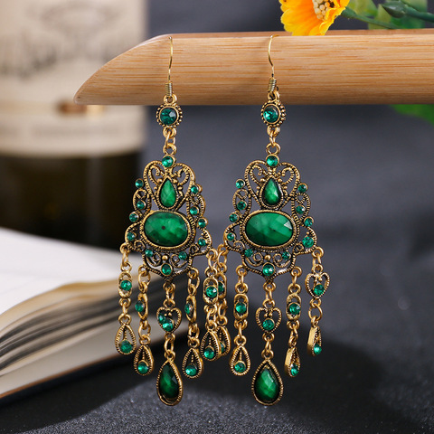 Pendientes de Metal dorado Retro bohemio y gitano para mujer, Pendientes colgantes de piedras y diamantes de imitación verdes, joyería turca Jhumka India ► Foto 1/6