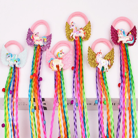 1 peluca con diseño de unicornio para niños, bandas elásticas para el pelo, trenzas para niña, lazo para el pelo de ala de unicornio trenzado, banda de goma arcoíris ► Foto 1/6