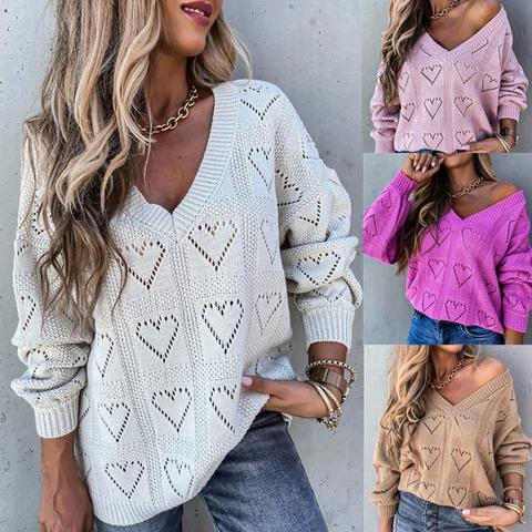 Suéter de ganchillo con cuello de pico para mujer, Jersey de punto informal de manga larga, holgado, color rosa, rojo, rosa, caqui y blanco, con corazón de amor, Otoño e Invierno ► Foto 1/6