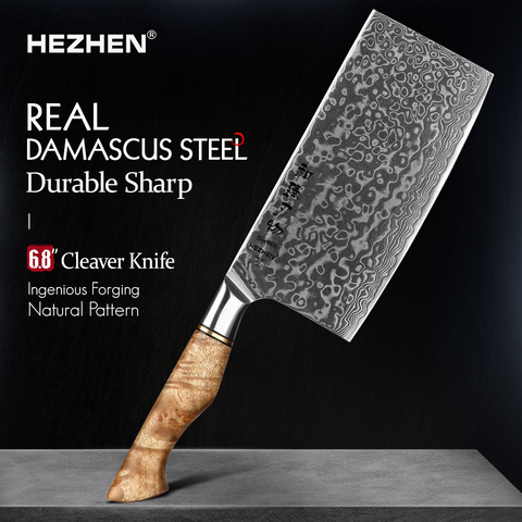 HEZHEN-cuchillo de cocina de 6,8 pulgadas, Damasco de capa superacero Real para carne, pescado, hoja afilada, regalo bonito ► Foto 1/6