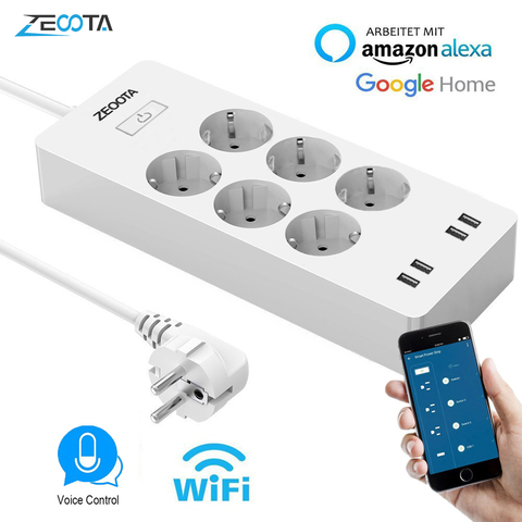 Tira de potencia inteligente WiFi EU Protector contra sobretensiones con toma de CA de 6 vías 4 puertos USB interruptor de Control doméstico Compatible con Alexa Asistente de Google ► Foto 1/6