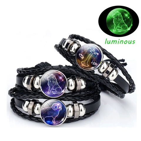 Pulsera luminosa con botón del zodiaco para hombre y mujer, brazalete de cuero tejido con constelación de 12, regalo para parejas y amigos ► Foto 1/6