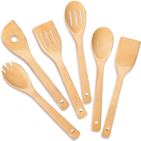 Utensilios de cocina de madera reutilizables, espátula orgánica, sartén, tenedor, cucharas, utensilios de cocina de Bambú ► Foto 1/6