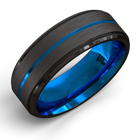 FDLK, anillo de acero inoxidable con borde de escalera cepillado negro de 8MM con ranura azul para hombre, regalos del anillo de boda para hombre ► Foto 1/4