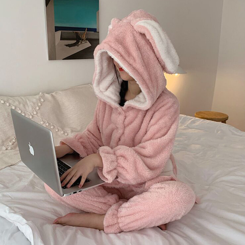 Conjunto de pijamas de manga larga para niña, Set de pijamas Kawaii holgados con orejas de conejo para estudiantes, de terciopelo Coral de dibujos animados, color rosa, Otoño e Invierno ► Foto 1/6