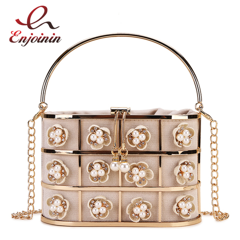 Bolso de noche con perlas y flores para mujer, cesta de Metal hecha a mano, con diamantes de imitación, bolso de mano, carteras para boda ► Foto 1/6