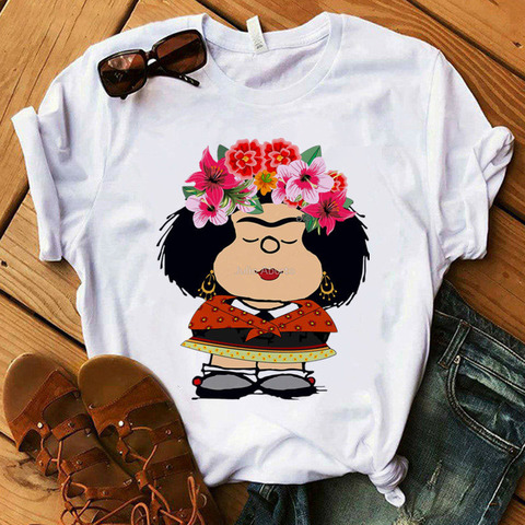 Mafalda-Camiseta harajuku para mujer, pantalón corto informal de manga corta, ropa de calle, Tops blancos de cuello redondo, camiseta de dibujos animados de los 90 para mujer ► Foto 1/6