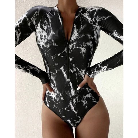 Bañador de una pieza con estampado negro para mujer, traje de baño deportivo de manga larga con cremallera, ropa de playa para surfear ► Foto 1/6