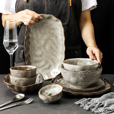 Cuencos de cerámica de grano de piedra Irregular, placa de cubertería con estilo japonés, conjunto ecológico, vajilla de platos, platos, accesorios de cocina ► Foto 1/6