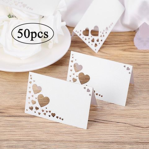 Tarjetas de mesa elegantes de papel blanco, 50 Uds., tarjetas de mesa ahuecadas con forma de corazón, lugar para tarjetas de invitados de boda, recuerdos de fiesta de banquete ► Foto 1/6