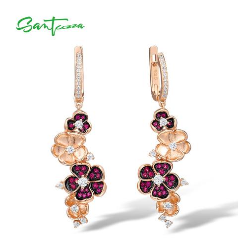 SANTUZZA-pendientes de plata de ley 925 para mujer, con flor de Color rosa brillante, rubí blanco, CZ, joyería fina para fiesta ► Foto 1/6