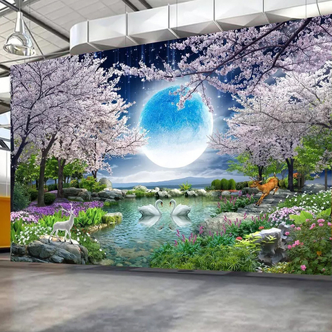 Papel de pared Mural personalizado Luna flor de cerezo árbol naturaleza paisaje pared pintura sala de estar dormitorio foto papel tapiz decoración del hogar ► Foto 1/6