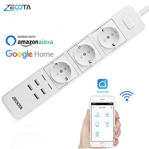 Tira de alimentación Wifi inteligente, Protector contra sobretensiones, múltiples tomas, 4 puertos USB, temporizador de voz, Control remoto inalámbrico por Echo Alexa Google Home ► Foto 1/6