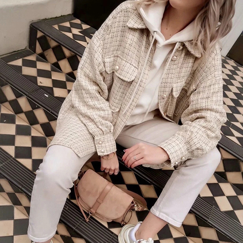 Tweed mujeres perla botón camisas de Primavera de 2022 de las señoras de moda grueso holgado camisa Streetwear mujer trajes lindo chicas Chic camisas ► Foto 1/6