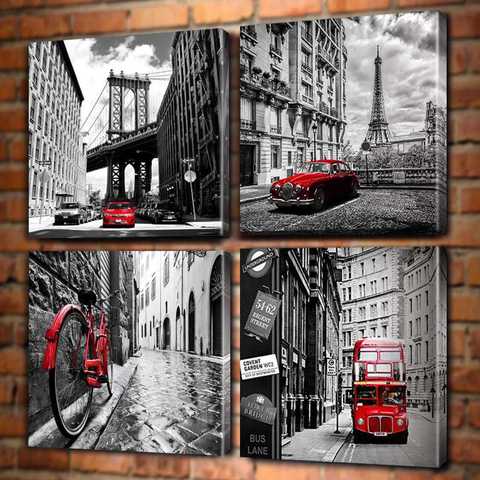 Arte de pared en lienzo para decoración del hogar, imagen en blanco y negro, ciudad, París, edificios de Londres, calle, autobús rojo, coches clásicos, amarillo, triangulación de envíos ► Foto 1/6