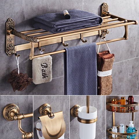 Accesorios de baño tallados de bronce antiguo juego de accesorios de baño de aluminio conjuntos de toallero, soporte de papel para cepillo de baño ► Foto 1/6