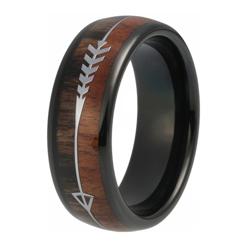 Bandas de boda de carburo de acero negro de 8mm para hombre y mujer, anillo de flecha con incrustación de madera natural, anillos de compromiso de ajuste cómodo para boda ► Foto 1/6