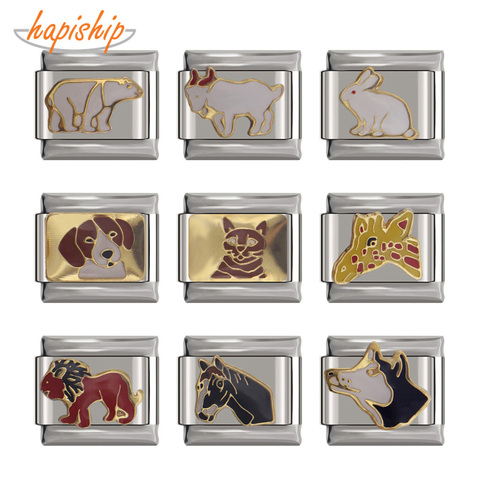 Hapiship-abalorio Original de 9mm de ancho, pulsera de eslabones de acero inoxidable, con diseño de Margarita, Animal, gato, perro, caballo, león, oso, Lobo y oveja, DJ42A ► Foto 1/6