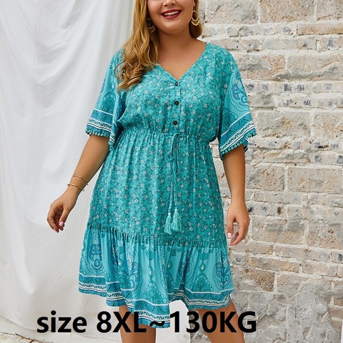 Vestido de algodón de talla grande con cuello de pico, manga corta, flores, suelto, informal, con borlas, 6XL, 7XL, 8XL, 130kg ► Foto 1/6