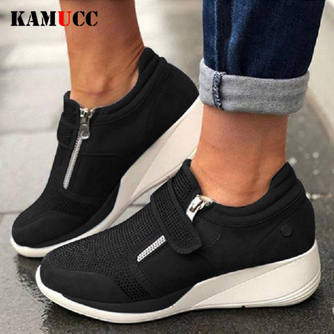 KAMUCC-zapatillas con cuña para mujer, calzado femenino con cuña informales, antideslizantes, transpirables de piel sintética, zapatos con vibración aumentada, talla 35-43 ► Foto 1/6