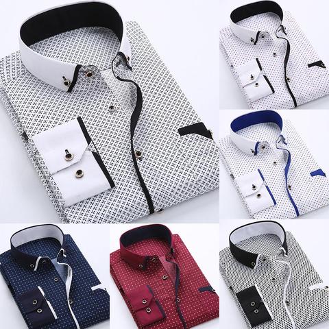 Camisa de negocios de talla grande para hombre, camisa de manga larga con botones y cuello vuelto, Camisa larga informal con mangas estampadas con mangas largas ► Foto 1/6