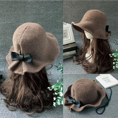 Sombreros de cubo de lana Vintage para mujer, Sombrero con lazo, moños, gorro de lavabo, sombrero de pescador para mujer, sombrero de café negro, Camel oscuro ► Foto 1/6