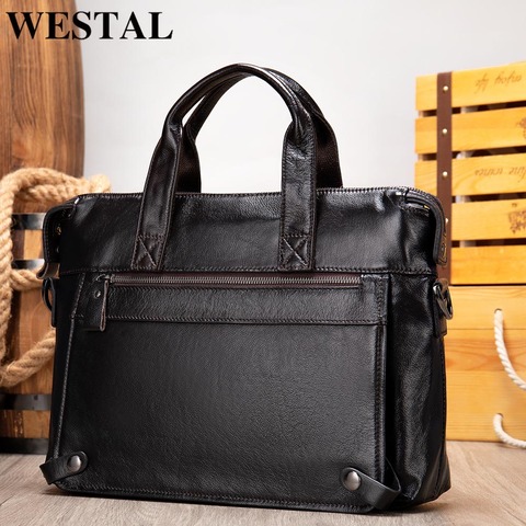 WESTAL-Bolso de cuero para hombre, bolsa para portátil de 14 pulgadas, bolsas de mensajero, negocios, maletines, 910 ► Foto 1/6