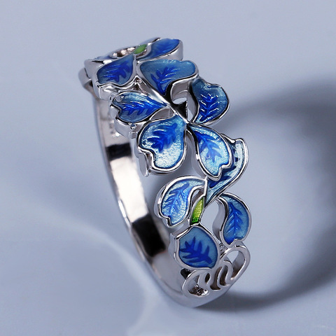 Anillo de Plata de Ley 925 con forma de flor para mujer, joyería de moda hecha a mano con diseño de pétalos azules y blancos de circonia cúbica esmaltada ► Foto 1/5