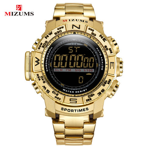 Mizums-reloj deportivo Digital para hombre, cronógrafo dorado, LED, con alarma, de acero inoxidable, resistente al agua ► Foto 1/6