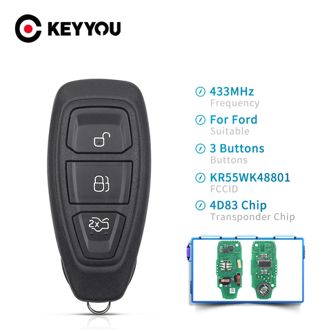KEYYOU-mando a distancia con 3 botones para coche, Control remoto de 434/433MHz, Chip 4D83, KR55WK48801, para Ford Focus c-max, Mondeo, Kuga, Fiesta, b-max ► Foto 1/6