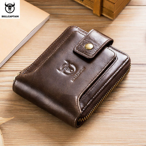 Cartera BULLCAPTAIN de piel auténtica para hombre, cartera RFID para hombre, organizador para monedas, monedero, bolsillos, cremallera fina a la moda, Tarjetero con abrazadera ► Foto 1/6