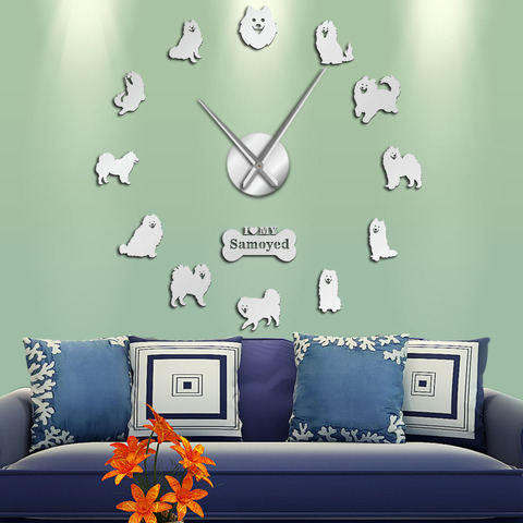 Samoyedos de raza de perro retrato DIY gran reloj de pared sin marco del perro del espejo de acrílico superficie, pegatina para pared reloj mural silencioso casa Decoración ► Foto 1/6