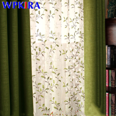 Cortina de tul bordada con hojas para ventana, tela de lino verde, para sala de estar, dormitorio americano ► Foto 1/6