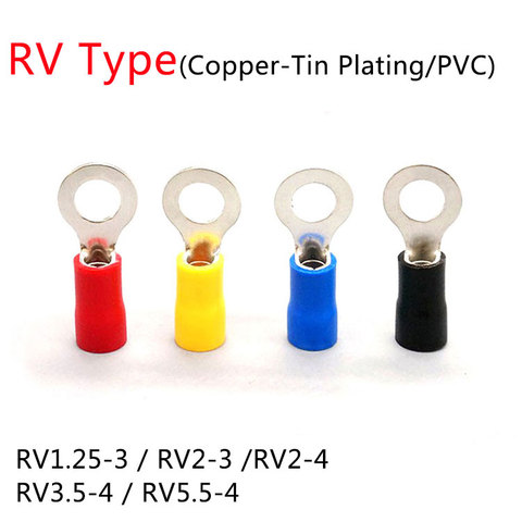 50 Uds RV1.25-3 RV2-3 RV2-4 RV3.5-4 RV5.5-4 Terminal de Cable empalme de engarce Aislamiento de PVC redondo Circular de prensa en frío extremo del Cable de conexión ► Foto 1/2