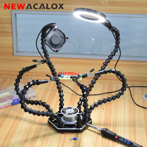 NEWACALOX-Soporte de placa de circuito impreso, ayuda a las manos, USB, lupa LED 3X, soldadura, ventilador para fumar, herramienta de tercera mano, soporte para soldadura ► Foto 1/6