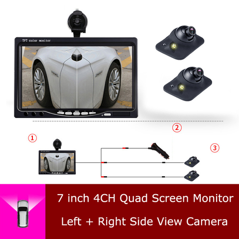 Sistema de visión lateral izquierda y derecha para coche, 3 en 1, con Monitor LCD TFT cuádruple dividida de 7 pulgadas, HD, LED/visión nocturna, cámara impermeable ► Foto 1/6