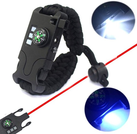 Pulsera Paracord de supervivencia, Kit de equipo de emergencia táctico con linterna LED láser infrarroja SOS, lámpara UV, brújula, silbato de rescate ► Foto 1/6