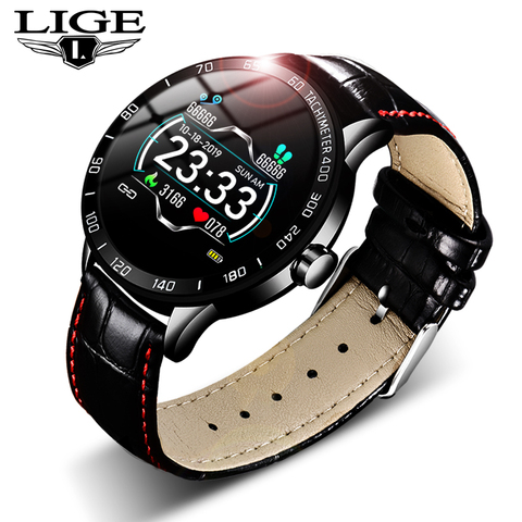 Reloj inteligente de cuero de moda para hombre, reloj inteligente deportivo con podómetro, control del ritmo cardíaco y de la presión sanguínea ► Foto 1/6