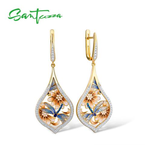 SANTUZZA-pendientes de plata de ley 925 con forma de libélula, joyería fina hecha a mano con diseño de flor azul, para mujeres ► Foto 1/6