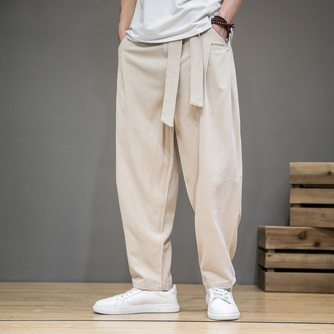 Pantalones de lino y algodón para hombre, pantalón de chándal holgado, informal, con cintura elástica, estilo chino tradicional, para verano ► Foto 1/5