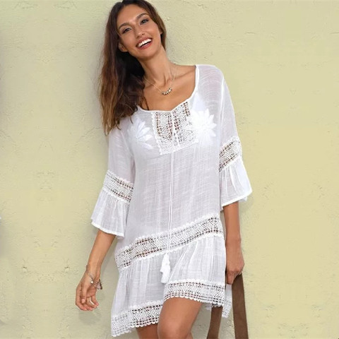 Vestido playero de algodón de bambú para mujer, Pareo Sexy para playa, túnica blanca para mujer # Q382 ► Foto 1/6