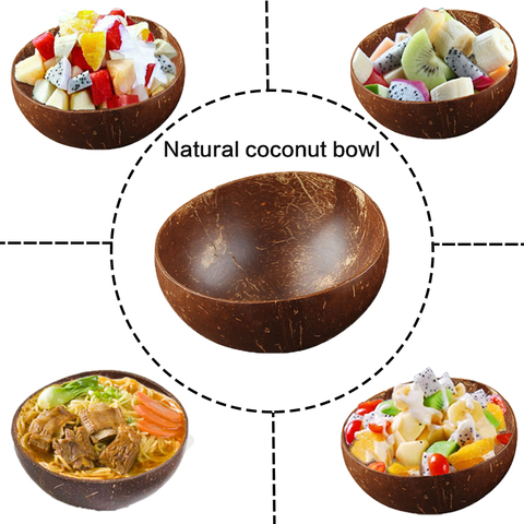 Juego de cuencos de coco Natural, 12-15cm, vajilla hecha a mano con cáscara de coco, cuchara de madera, postre, fruta, ensalada, cuenco mezclador, Ramen de arroz ► Foto 1/6