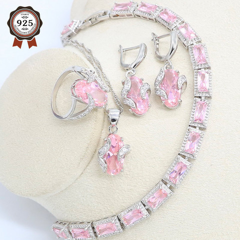 Conjunto de joyería de boda de circonia cúbica rosa para mujer, conjunto de joyería de Color plateado para mujer, pulsera, pendientes, collar, colgante, anillo, regalo de cumpleaños ► Foto 1/6